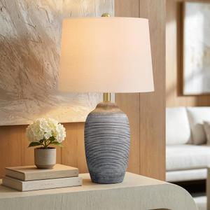 24.5" Rustic Ceramic Table Lamp with Pre-Assembled Linen Shade, Single Vintage Farmhouse Bedside Lamp for Bedroom Living Room Nightstand Entryway,Hand-Textured Retro Lamp Home Decor Gray
