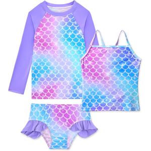 Girls Rash Guard Swimsuit 3 Pieces Long Sleeve UPF50+ Quick Dry Bathing Suit for Toddler 3-12Y (Purple)