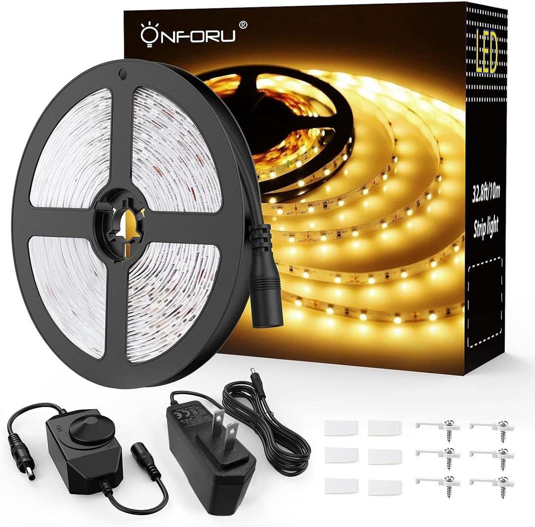 Onforu LED Strip Lights Warm White,32.8ft Dimmable 3000k Led Lights for Bedroom,Soft White Rope Light,2835 LEDs 12V Flexible Strip Tape Easter Lighting for Under Cabinet,Home,Kitchen,Bedroom,Christmas