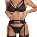 popiv Women's Sexy Lingerie Set with Garter Belt Matching Bra and Panty Lingeries Sets 4 Piece Black. Size L