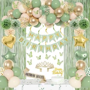 Ouddy Life Sage Green Birthday Party Decorations, Happy Birthday Banner Gold Heart Star Foil Balloons Paper Pompoms Fringe Curtain Cake Topper Crown, Neutral Birthdays Decorations for Women Girls