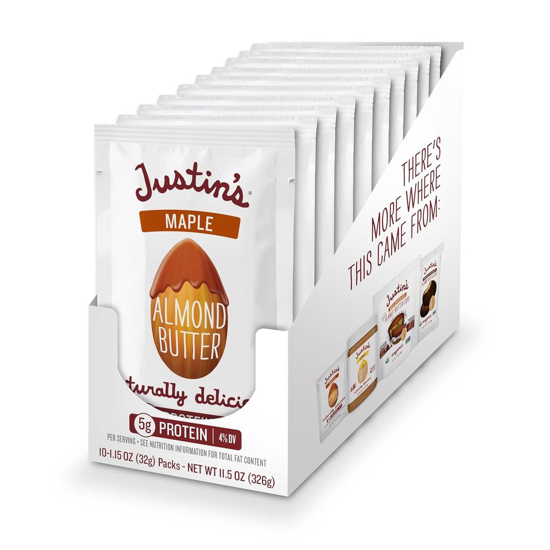 Justin's Maple Almond Butter Squeeze Packs, Gluten-Free, Non-GMO, Responsibly Sourced, 1.15 Ounce (10 Pack)