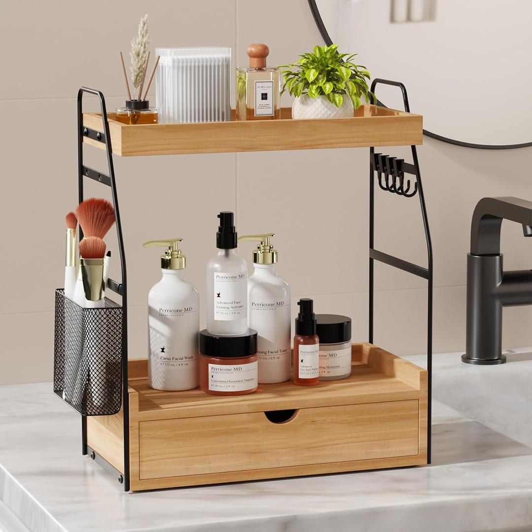 2 Tier Bathroom Counter Organizer with Drawer & Basket, Wooden Vanity Tray Countertop Shelf Accessories for Makeup Storage, Coffee Bar Station, Perfume Skincare, Kitchen, Bedroom (Brown)