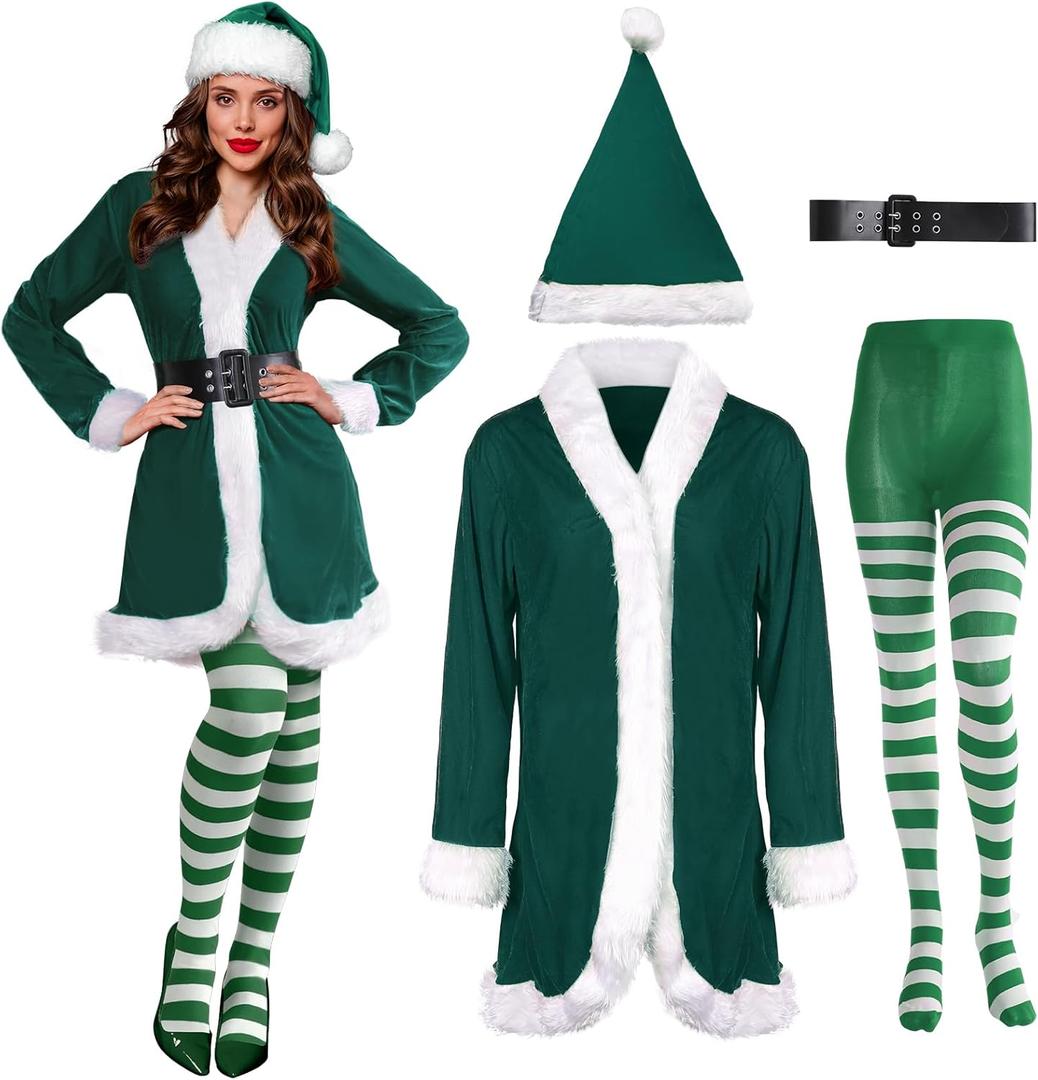 Sureio 4 Pcs Mrs Santa Claus Costume Women Christmas Dress Suit Cosplay Velvet Outfit with Belt Hat Striped Tights Elf Ears, Women, Adult
