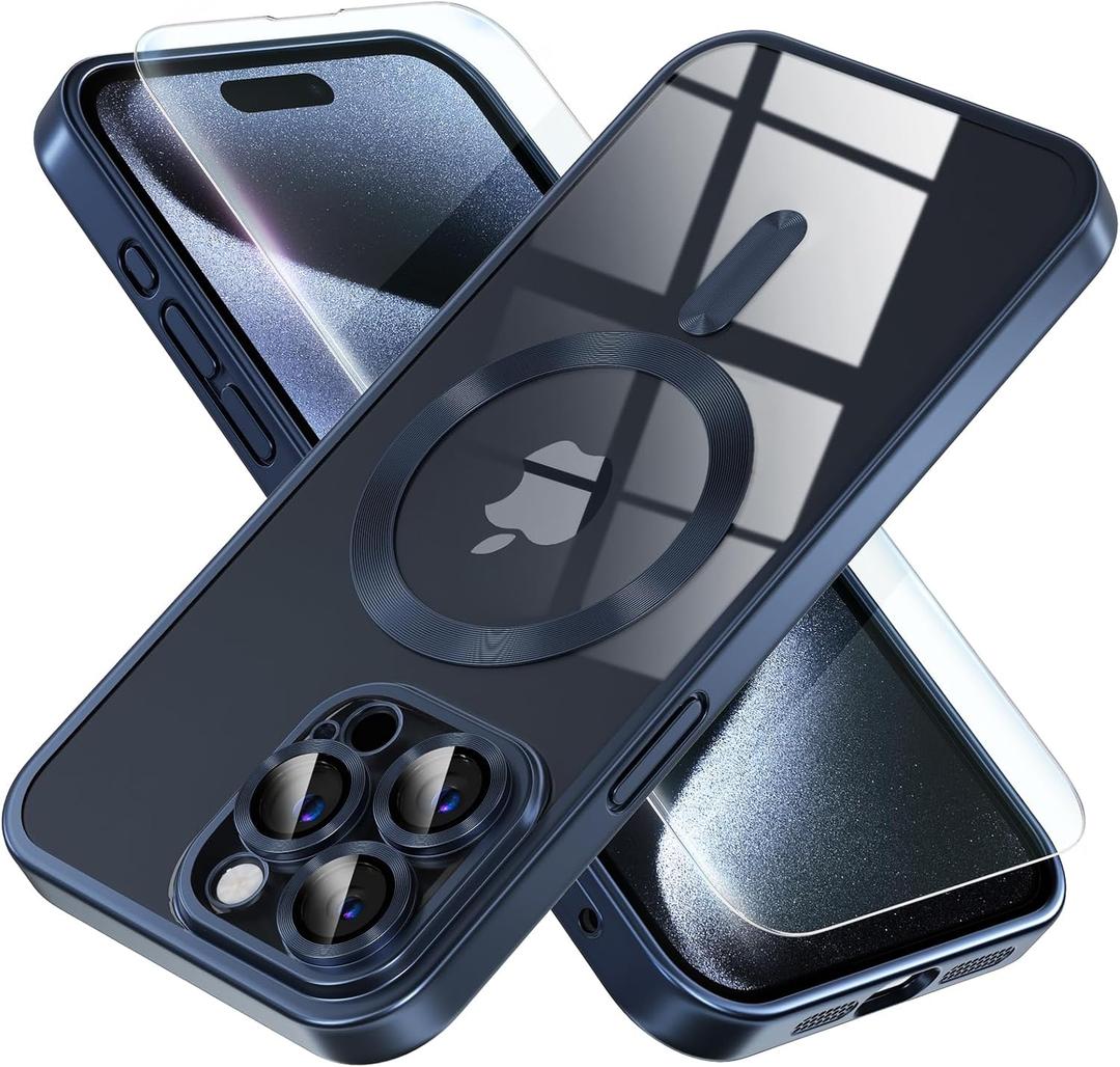 Misea Magnetic for iPhone 15 Pro Max Case [Never Yellowing] [Military Grade Drop Protection] Full Camera Lens Protector Soft Clear Phone Case for Women Girls, Titanium Blue