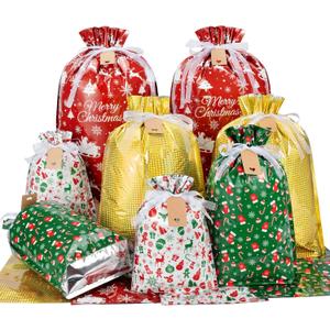 Asoulin Christmas Drawstring Gift Bags with Tags - 32 PCS Stand Up Gift Bags Assorted Sizes Large Medium Small Foil Gift Wrapping Bags for Birthday, Goodies, Xmas Holiday Party Decoration Supplies (style1)