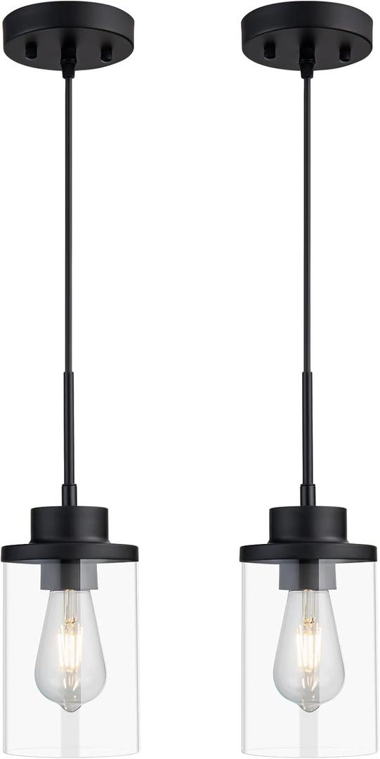 Modern Black Farmhouse Clear Glass Cylinder Pendant Light Fixture, Single Hanging Pendant Lighting for Kitchen Island, Dining Room, Foyer & Hallway, (2 Packs)
