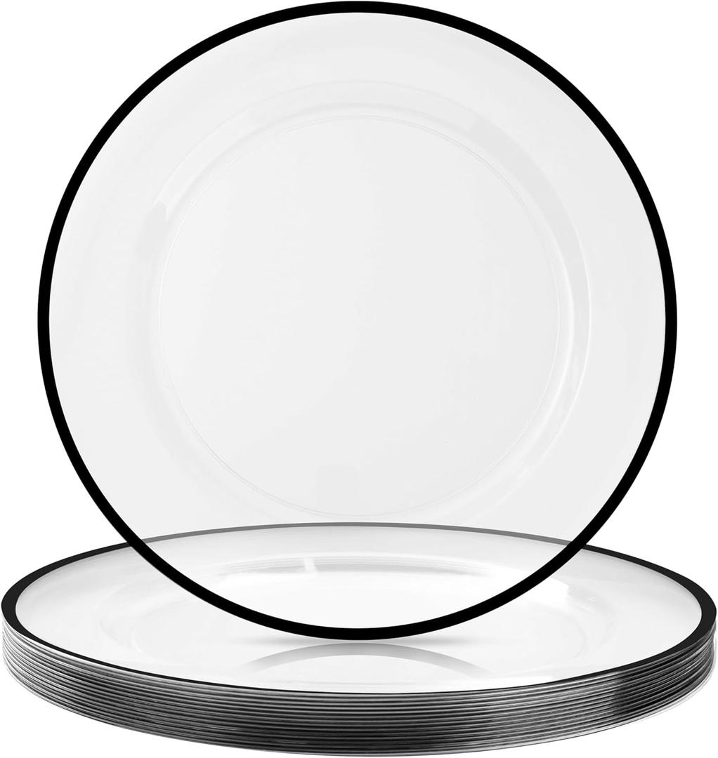 BESTSTAR 12 Inch Disposable Decor Charger Plates, 15 Pack Plastic Clear Plates with Gold Rim, Perfect Table Decor for Party, Wedding, Dinner