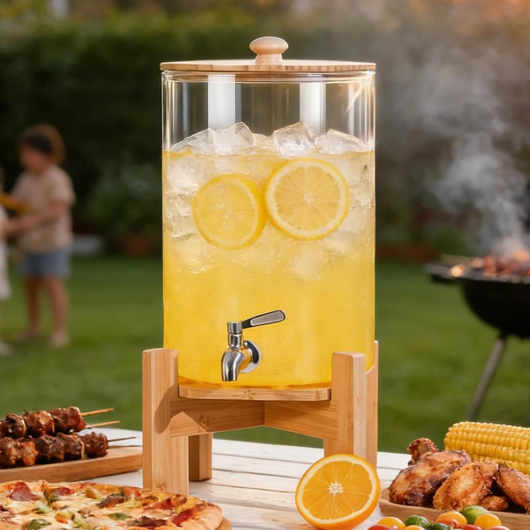 2.2 Gallon Large Water Glass Drink Dispenser with Wood Stand for Parties | Stainless Steel Leak-Proof Spigot, Wide Mouth Opening, Easy to Clean, Lemonade, Juice, Tea, Party Drinks, Birthday Parties