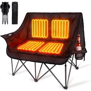 Double Heated Camping Chair, Fully Padded Oversized Loverseat Camping Chair w/ 2 x Cup Holder, Pillow, 2 Person Camping Couch for Outdoor, Patio, Supports 600lbs, Black, No Power Bank