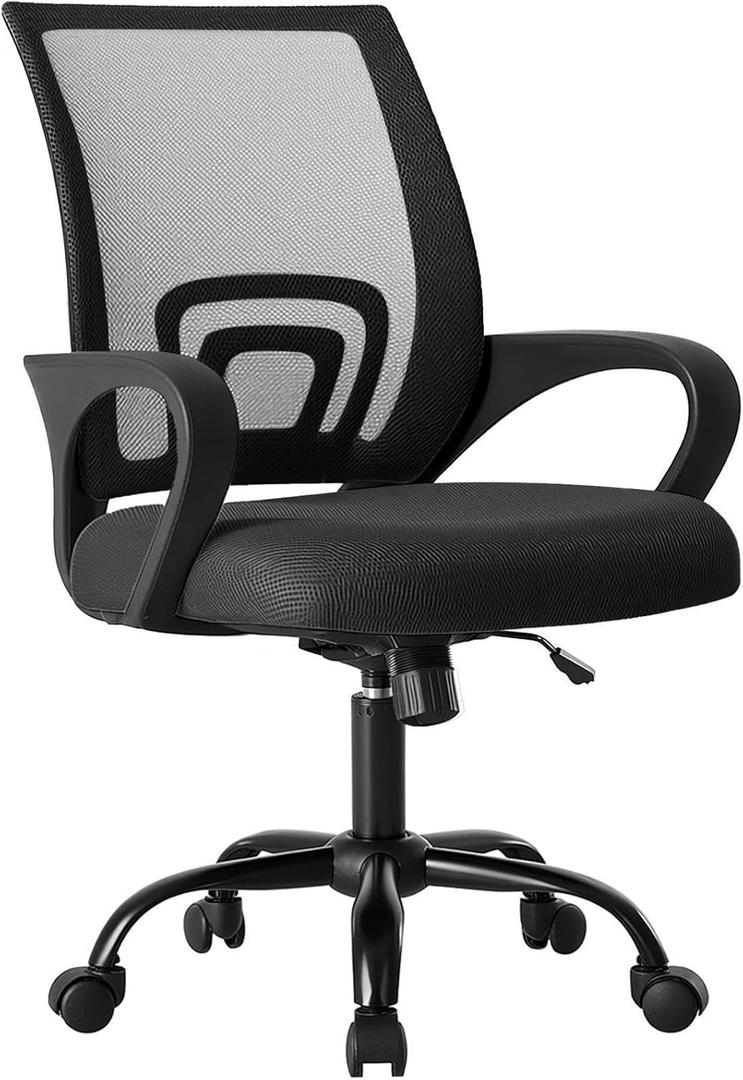OLIXIS Office Desk Chair - Ergonomic Mid Back with Lumbar Support & Rocking Mode, Height Adjustable with Fixed Armrest, Storage Back for Computer, Gaming, Conference, Meeting, 360 Swivel, Black