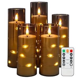Warmhere Flickering Flameless LED Candles Battery Operated with Timer and Remote, Embedded Star String Warm Light, Grey Acrylic Fake Candles for Romantic Home Party Decorations, 5 Pack