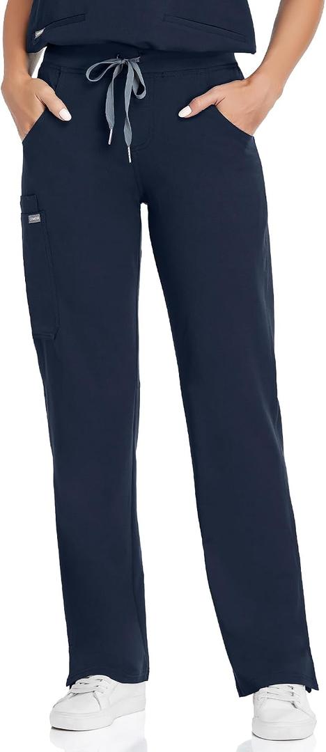 COMENII Scrubs for Women, Knit Yoga Waistband Straight Leg Cargo Pants, Classic Fit Womens Scrubs Pants, Small