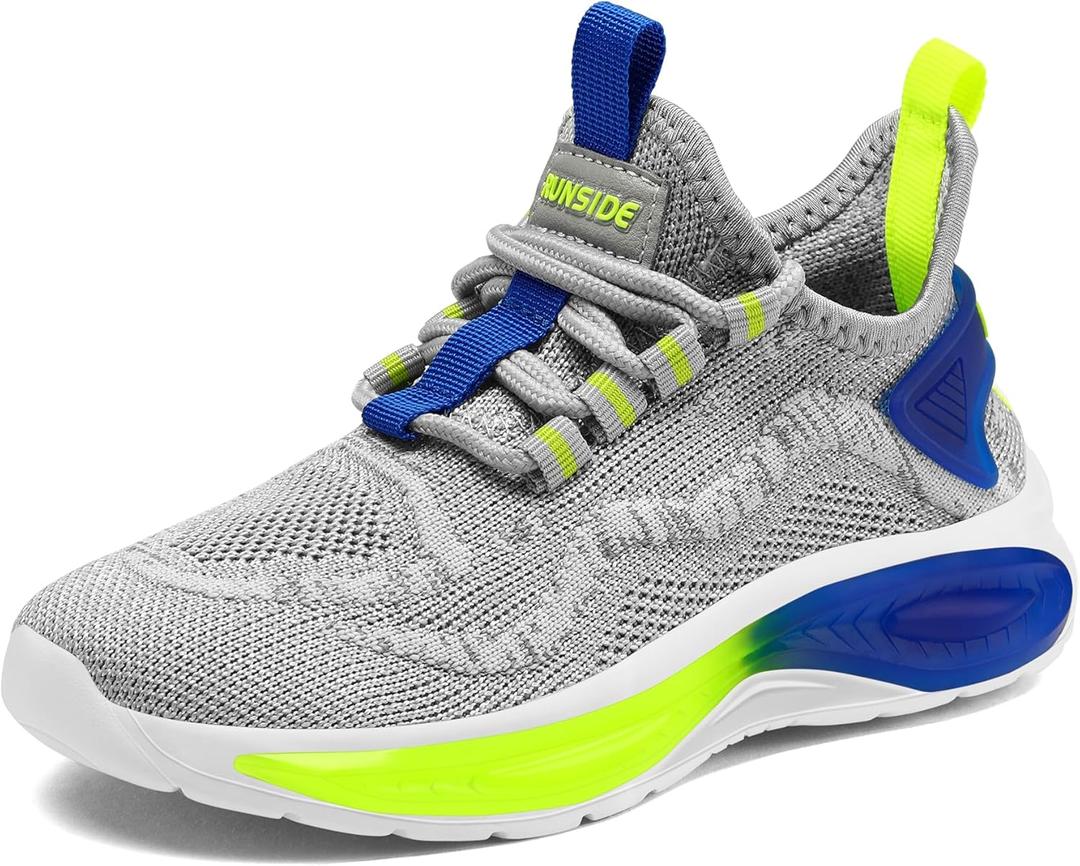 RUNSIDE Boys Girls Sneakers, Lace up Kids Tennis Shoes for Walking/Running Lightweight Breathable Gym Shoes Outdoor, Little Kid/Big Kid (Grey, Size 4)