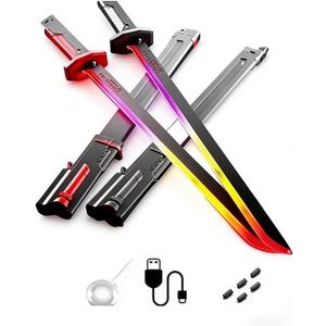 2 Pcs 31.5-inch Iridescent Lightsaber Blade with Hit-Sensitive Sound and Fog Effect | Type-C Charging | Perfect for Rave Parties, Cosplay, and Showcases (Black & Red Dual Pack)