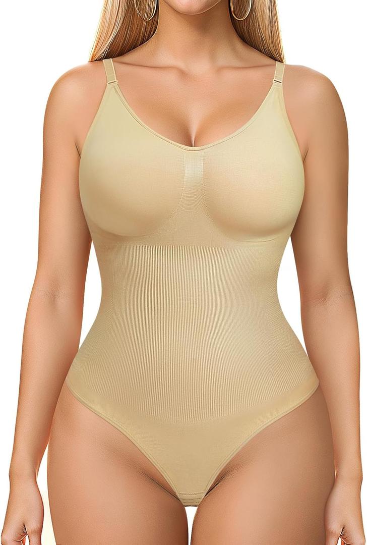 BRABIC Womens' Seamless Sleeveless V-Neck Bodysuit Shapewear Tummy Control (Medium/Large, Beige Thong)