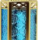 VELA LANTERNS 10.5" Gold Moroccan Candle Lantern Decorative Candle Holder Lamp for Table or Hanging, Ramadan Decorations, Indoor Home Decor, Outdoor Patio or Porch, Weddings, Blue Glass, Medium