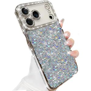 For iPhone 17 Pro Max Case, Shockproof Cute Bling Glitter Sparkle Cover Sequin Diamonds Shiny Camera Lens Protector Girls Women Soft Electroplated Case for iPhone 17 Pro Max 6.9 inch, Silver