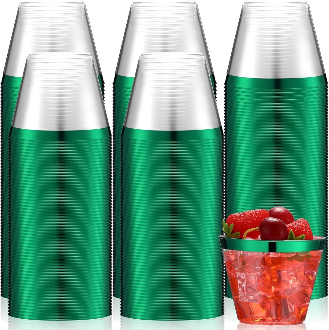 Lounsweer 100 Pcs 9oz Rimmed Plastic Cups Wedding Clear Cocktail Cups Heavy Duty Disposable Wine Glasses for Birthday Bridal Shower Baby Shower Holiday Celebrations(Green)