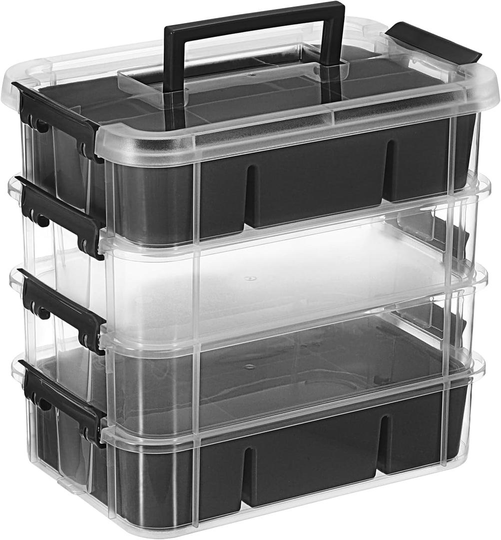 JUXYES 4-Tiers Stack Carry Storage Box With 2 Divided Tray, Transparent Stackable Storage Bin With Handle Lid Latching Storage Container for School & Office Supplies, Black