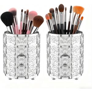 LUGUNU Makeup Brush Holder with Silver Crystal Bling  Elegant Vanity Organizer for Brushes, Pens & Pencils, Ideal for Bathroom or Office Countertop(2Pack)