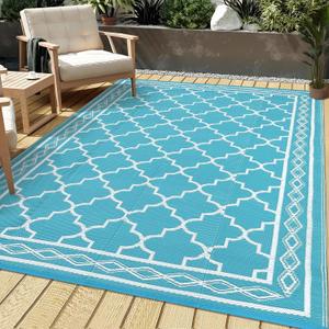 IDEALHOUSE 10x14 ft Reversible Outdoor Rug, Waterproof Plastic Straw Patio Mat, UV Resistant Easy-Clean Outdoor Area Rug with Bound Edges, Foldable Camping RV Deck Porch Balcony Picnic Rug, Teal/White