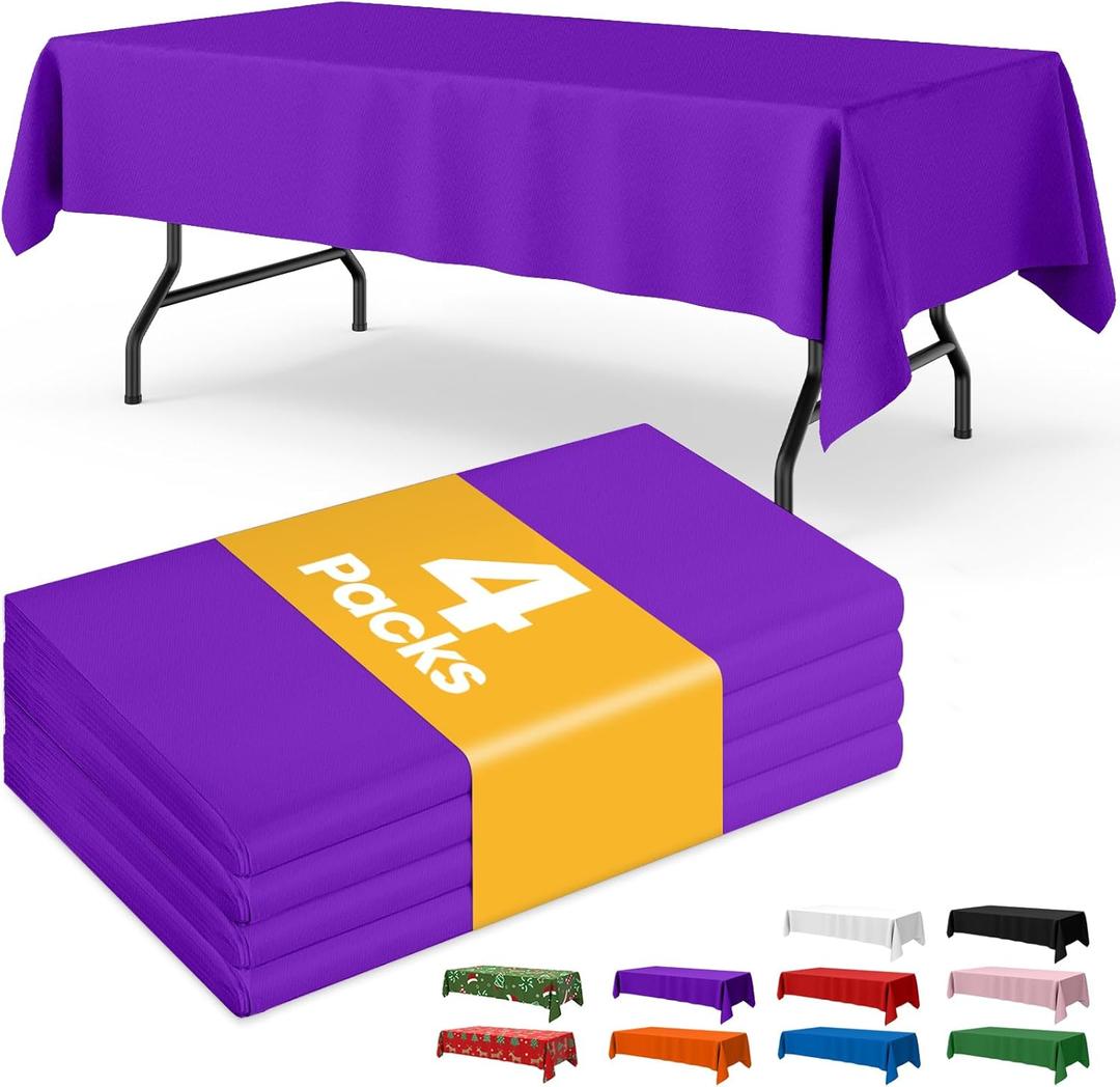 Purple Plastic Table Cloth - 4 Pack 54" × 108" Rectangle Disposable Tablecloths for 6FT Tables, Waterproof Table Cover for Party, Holiday & Gathering Use
