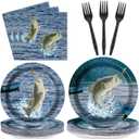 ZOIIWA 200 PCS Gone Fishing Tableware Disposable Paper Plates Napkins Fishing Tournament Birthday Party Supplies Dinnerware Set Napkins Party Decoration Serve 50 guest