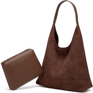 Slouchy Suede Shoulder Bags for Women Large Tote Purse Retro Soft Handbag Casual Work Ladies Top Handle Satchel 2pcs (Coffee)