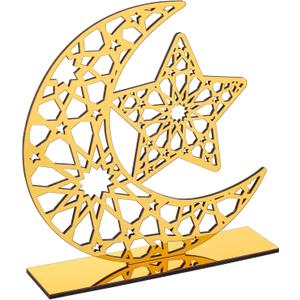 Acrylic Ramadan Decorations Islamic Eid Mubarak Kareem Table Sign Moon Hollow Star Ornament for Muslim Party Tabletop Decor Home Art Craft Decoration Golden Moon