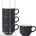 HASENSE Coffee Mug Ceramic Set of 4 with Stand - 15 oz Stackable Large Porcelain Ribbed Latte Cup Set for Cappuccino, Tea, Hot Cocoa, Drinks - Dishwasher & Microwave Safe, Black