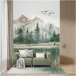 Forest Wallpaper Mural Sage Green Woodland Mountains Self-Adhesive Peel and Stick Wallpaper Rustic Nature Landscape Pine Tree Wall Decor Removable Contact Paper for Wall 59"X78.7"