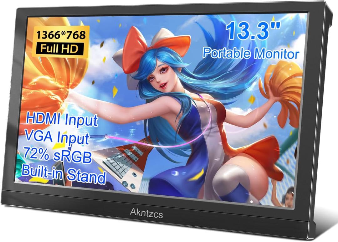Portable Monitor 13.3 Inch HD 1366 * 768 External Laptop Monitor HDMI Travel Monitor for Computer/PS3/PC/Switch, Built-in Speakers & Kickstand