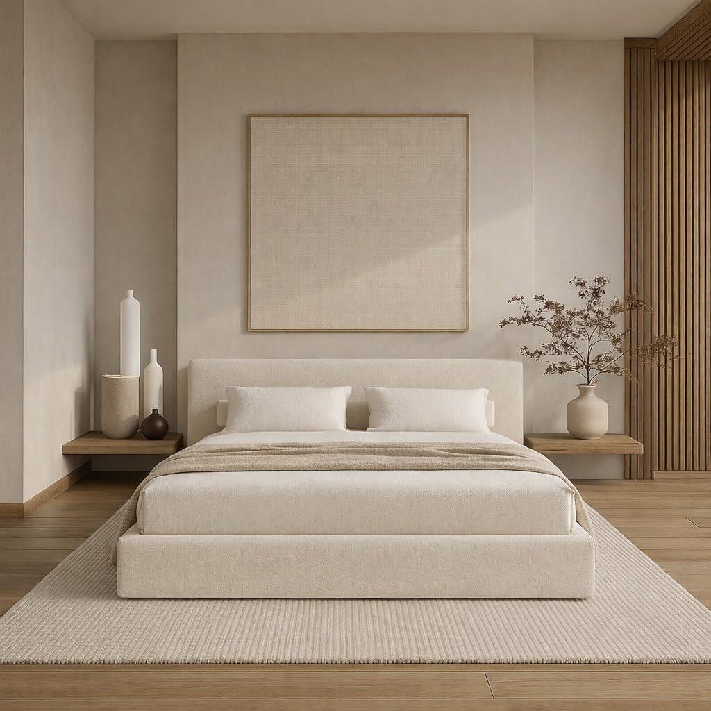 Square Bed – Washable Zip Cover - Upholstered Linen Soft Foam - Modular Minimalist Modern - Sold Separately (Cream Linen, Queen Headboard)