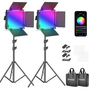 NEEWER 2 Pack 660 PRO RGB LED Video Light with App Control Tripod Stand Kit, Studio Panel Key Lighting for Gaming Streaming Zoom YouTube Webex Photography, 360 Full Color, 50W Dimmable Bi Color