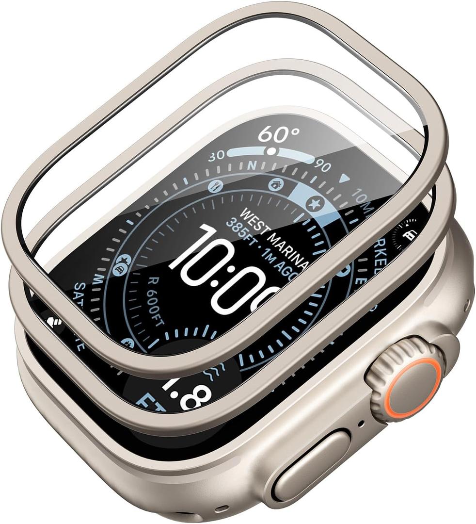 ESR 2 Pack Armorite Screen Protector for Apple Watch Ultra 3 / Ultra 2 / Ultra (49 mm), Military Grade Protection, Tempered Glass Film with Aluminum Alloy Frame, Keep Original, Titanium