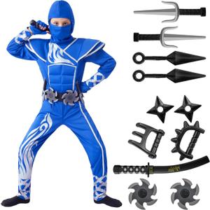 Spooktacular Creations Kids Halloween Ninja Costume, Ninja Costume for Boys, Teen Halloween Costumes for DressUp Themed Party (Small(5-7 yrs), Blue+silver)
