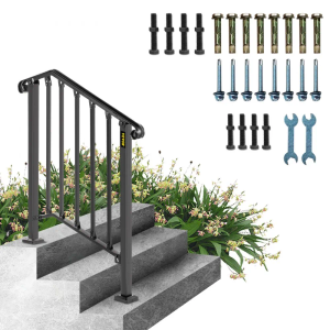 VEVOR Iron Step Handrail Outdoor Stairs 3 Steps Adjustable Black Handrail