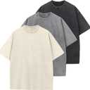 Men's Cotton T-Shirts Oversized Unisex Short Sleeves Casual Loose Wash Solid Basic Tee Tops (Large, Beige+black+grey)