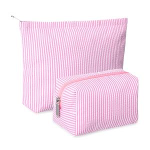Huhumy 2 Pcs Makeup Bag Set Cute Cosmetic Pouch for Women Seersucker Travel Toiletry Bag Preppy Small Makeup Purse Pouch Aesthetic Skincare Brushes Storage Organizer for Valentine Women (Pink)
