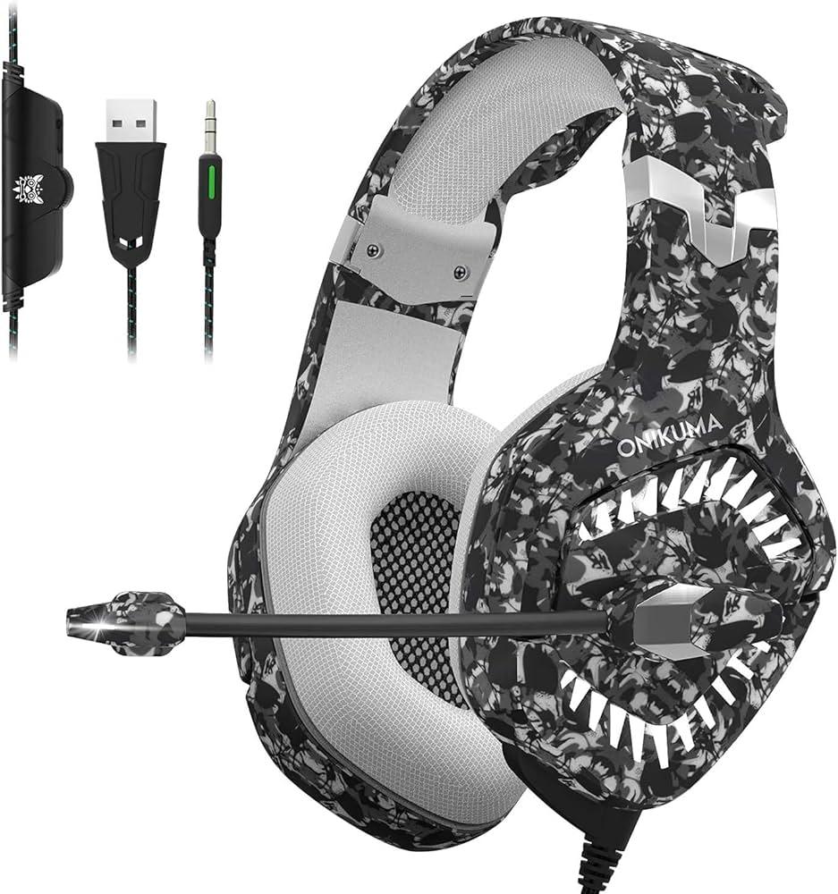 PunnkFunnk Onikuma K1B PRO Stereo Gaming Headset with Mic, Controls and LED Light for PC, PS4, Xbox and Mobiles (Camo Grey) (K1B Pro Camo Grey)