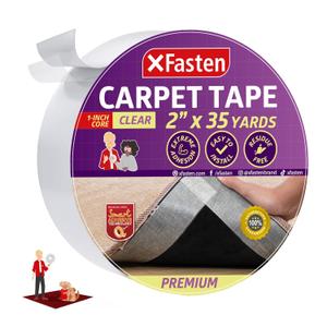 XFasten Double Sided Carpet Tape for Area Rugs On Carpet 2 Inch x 35 Yards No Residue Clear Adhesive Rug Tape Hardwood Floor No Damage Carpet Tape Double Sided Tape for Carpet Rug Tape Gripper