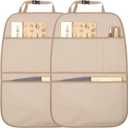 Kick Mat Back Seat Protector Waterproof Leather Car Seat Back Organizers Cover with 3 Storage Pockets for Kids Pets SUV Sedan Minivan Truck Car Travel Accessories (Beige 2-Pack)
