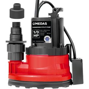 MEDAS Automatic Submersible Pump 1/3HP 2450GPH Sump Pump, Auto On/Off with Smart Sensor, Drains to 0.04", Portable Utility Water Pump for Basement, Pool, Garden Pond