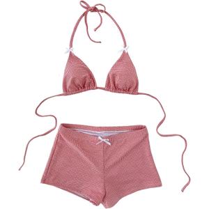 MakeMeChic Women's Gingham High Waisted Bikini Set Halter Triangle Tie Back Bathing Suit with Boyshorts (Large, Red and White)