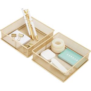 Annova Mesh Stackable Drawer Cabinet and Shelf Organizer Bins Storage Basket School Office Supply Holder Tray- Set of 2 (Gold, 6x6x2 Inch)