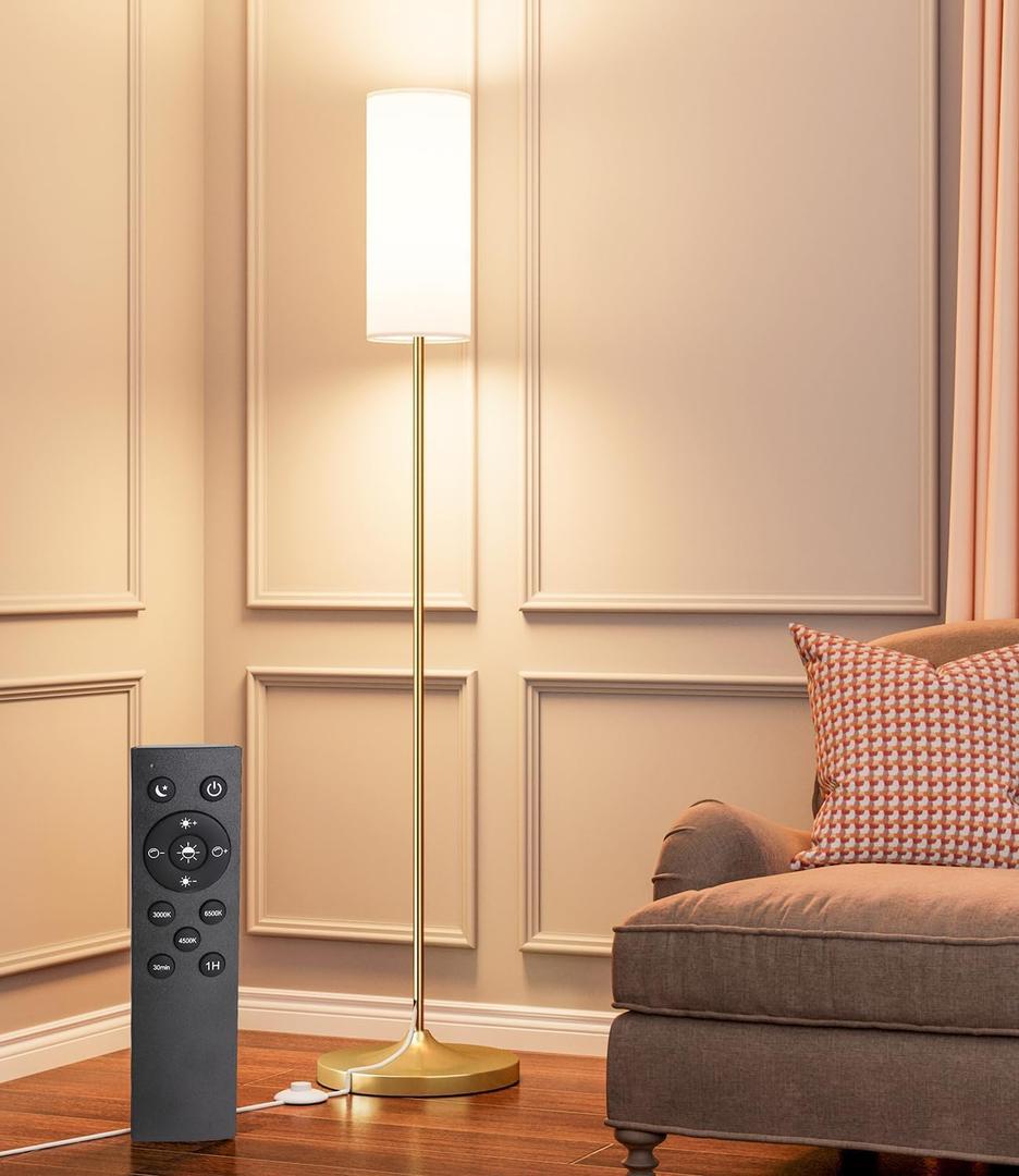 luckystyle LED Floor Lamp for Living Room, Dimmable Standing Lamps with Foot Switch,Remote Custom Color Temperature Gold Pole Lamp with Lampshade,12W Led Bulb Tall Lamps for Bedroom Office Kid Room