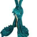 Ikerenwedding Sparkly Prom Dress Glitter Sequin Feather Split Pageant Celebrity Gala Evening Dress Lake Blue US22W