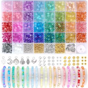 Funtopia 6mm Glass Beads Bracelet Making Kit, 1396pcs Gradient Glass Beads for Bracelets, 34 Colors Round Crystal Beads for Bracelets DIY Crafts with Spacer Beads and Charms
