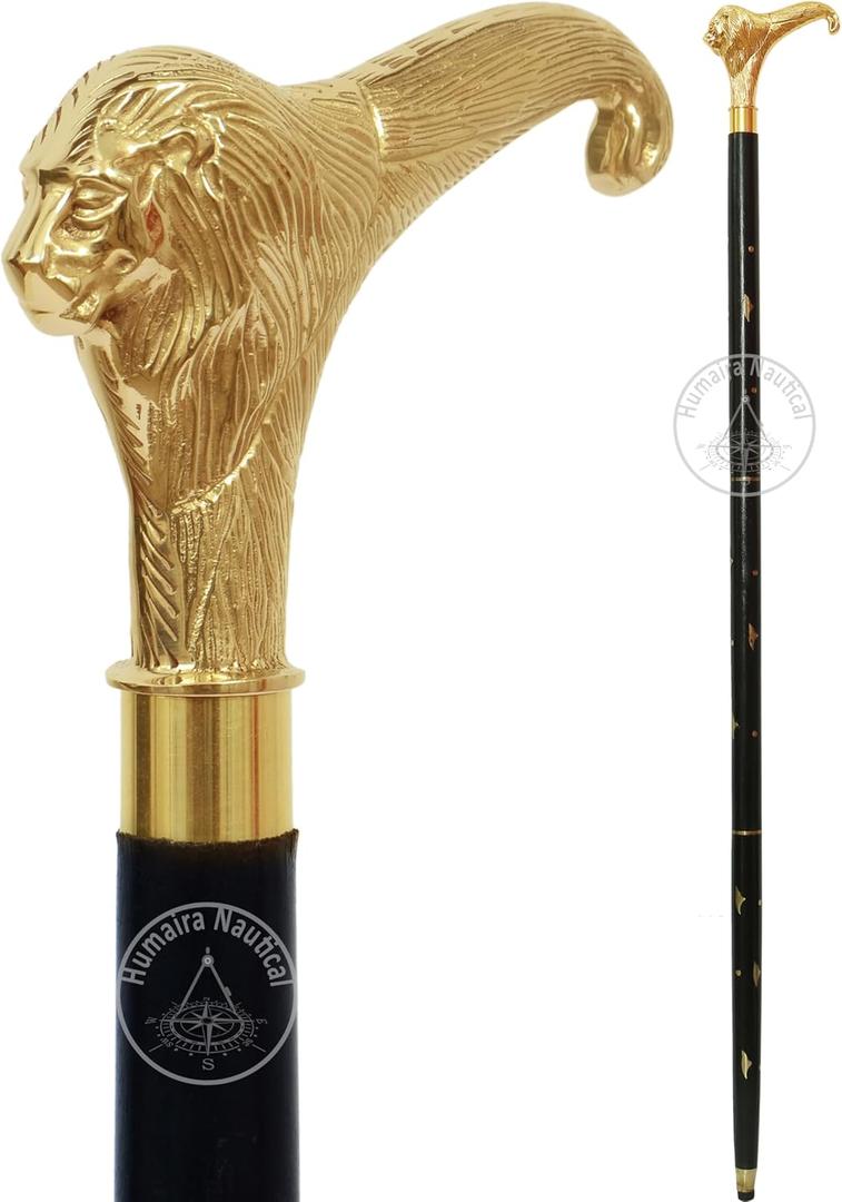 Humaira Nautical Solid Brass Lion Head Handle Wooden Walking Stick Cane Vintage Designer Handmade